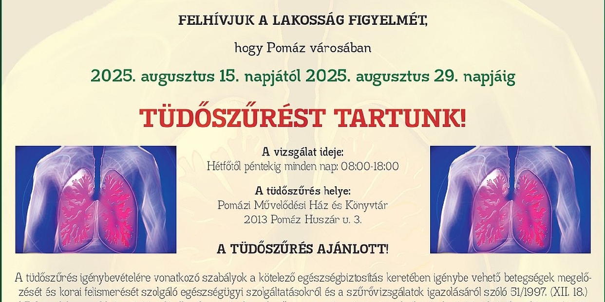 Augusztus 29-ig tart a tüdőszűrés Pomázon